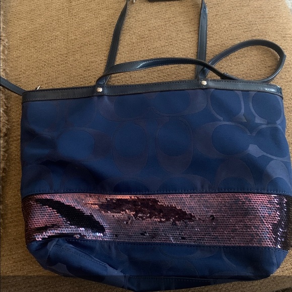 Coach blue signature sequin stripped band Hand Bag - Picture 2 of 7